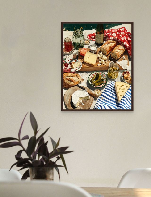 Rustic Kitchen Art – Baguette, Cheese & Pickles Still Life Print