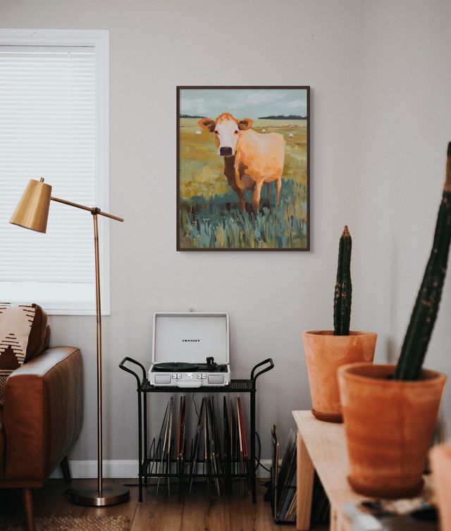 Burnt Orange Cow Art Print – Painterly Farm Animal Wall Décor in Rustic Field Setting