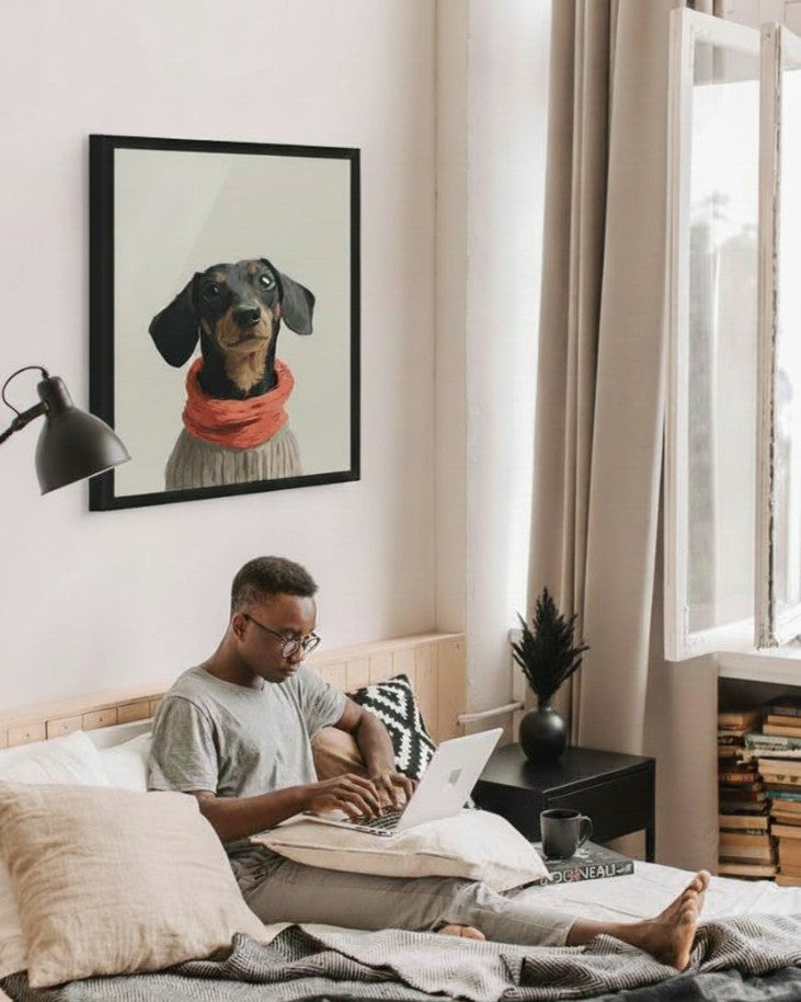 Cozy Dachshund Art Print – Adorable Wiener Dog in Sweater for Dog Lovers