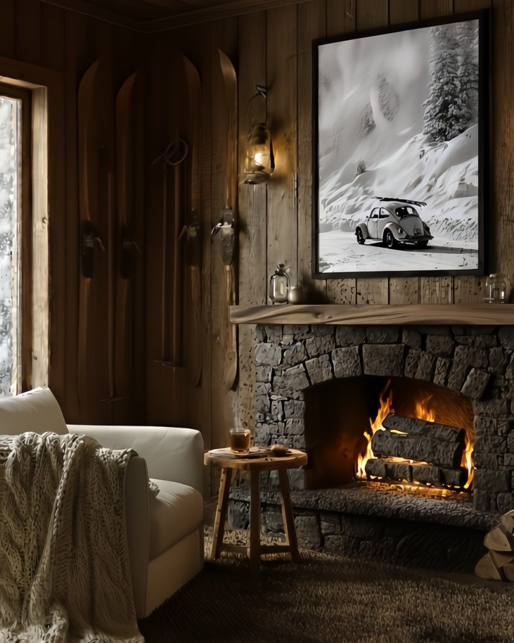 Vintage Beetle Car Black and White Photo – Retro Winter Wall Art with Skis